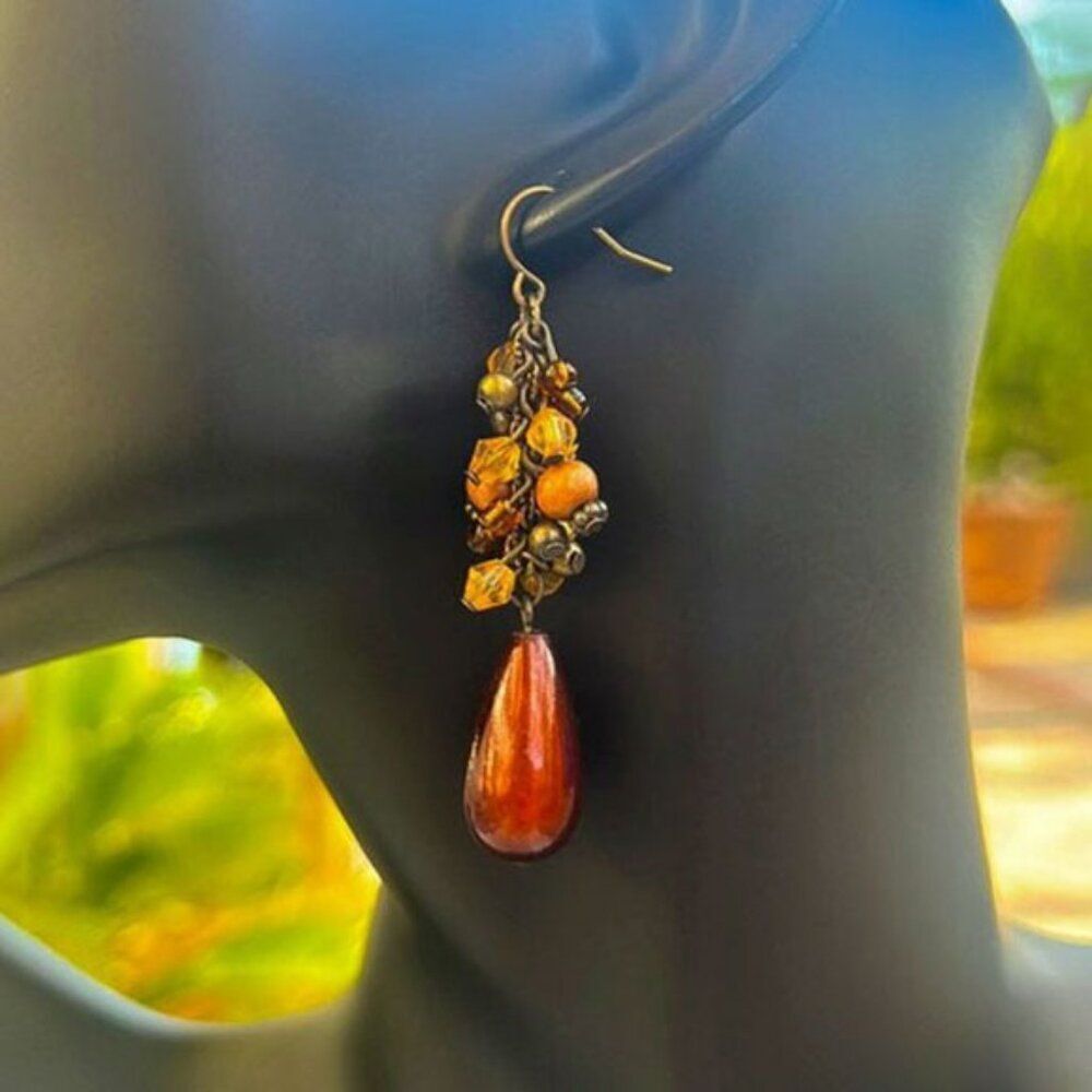 Vintage Bronze Tone Dangle Beaded Statement Earrings